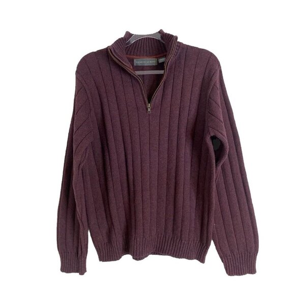 Vintage OSCAR DE LA RENTA Sweater Unisex Medium Burgundy 1/4 Zip Pullover Cotton - Picture 2 of 7
